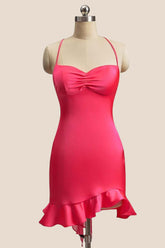 Straps Hot Pink Ruched Ruffle Fitted Dress