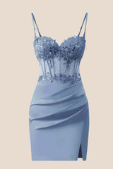 Straps Sage Green Appliques Ruched Tight Dress