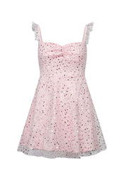 Pink Ruffle Straps Sequin Short Dress