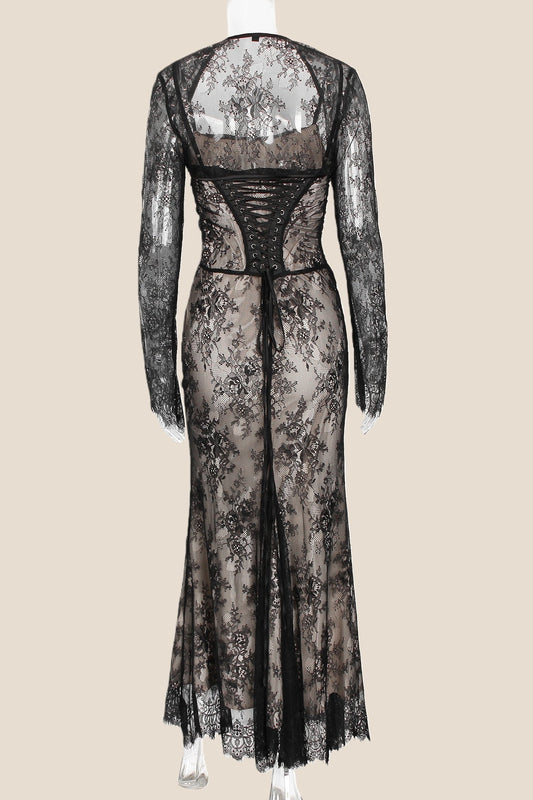 Straps Black Lace Fitted Party Dress