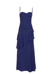 Straps Navy Blue Chiffon Tiered Maxi Dress
