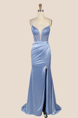 Straps Beaded Blue Ruched Satin Fitted Prom Dress