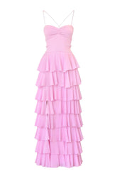 Pink Straps Ruched A-line Ruffle Maxi Dress