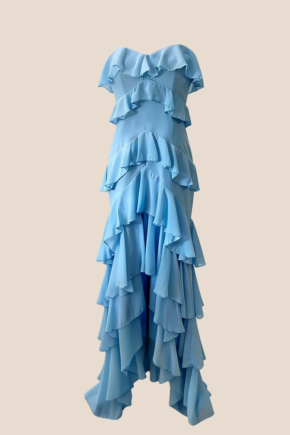 Strapless Blue Ruffle Tiered Long Chiffon Dress