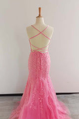 Straps Hot Pink Lace Mermaid Long Prom Dress