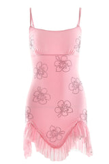 Straps Pink Floral Beaded Ruffled Short Dress