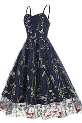 Straps Navy Blue Floral Embroidery Short Dress