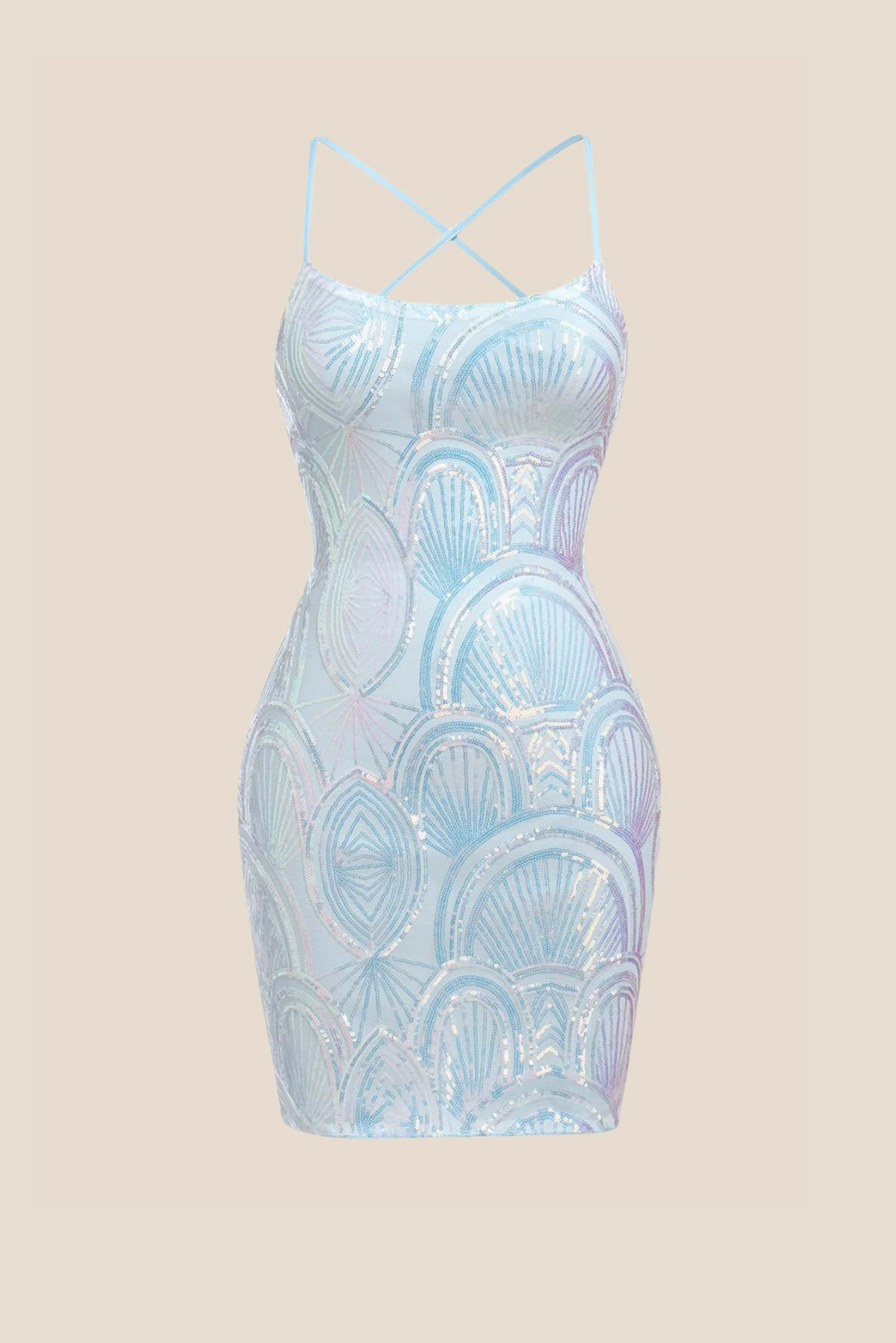 Square Neck Light Blue Short Dress with Sequin