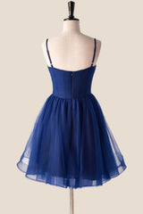Pleated Navy Blue Tulle A-line Short Dress