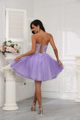 Plunge Hot Pink Appliques A-line Short Dress