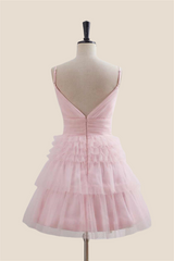 Plunge Neck Pink Tiered A-line Short Dress
