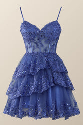 Straps Navy Appliques Tiered Layered Short Princess Dress