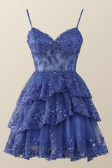 Straps Light Blue Tiered Layered Short Princess Dress