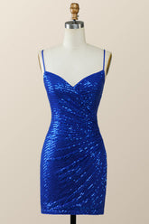 Straps Royal Blue Sequin Tight Mini Dress