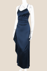 Straps Navy Blue Ruched Long Dress with Slit