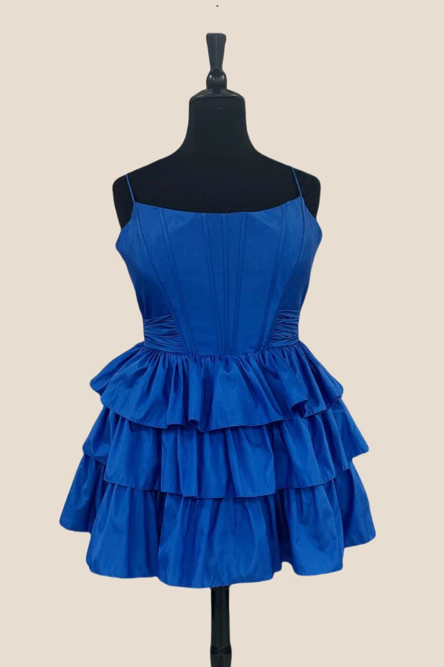 Straps Orange Ruffles A-line Taffeta Short Dress