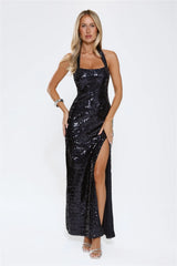 Sparked Up Sequin Halter Maxi Dress Navy