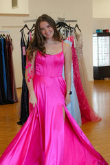 Tie Shoulders Hot Pink A-line Long Formal Dress