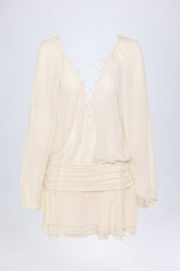 Lace-Up Balloon-Sleeve Mini Dress in Ivory