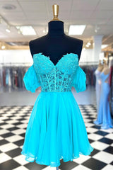 Sweetheart Blue Lace and Chiffon Short Dress