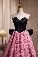 Sweetheart Black and Pink Floral Tea Length Dress