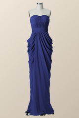 Sweetheart Navy Blue Draped Long Bridesmaid Dress