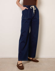 Contrast Drawstring Waist Wide Leg Trousers