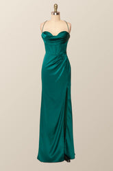 Straps Cowl Neck Green Mermaid Long Formal Dress