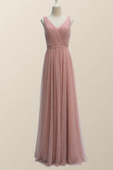 V Neck Plush Pink Tulle Long Bridesmaid Dress