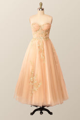 Sweetheart Champagne Tulle Tea Length Dress with Gold Sequins