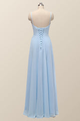 Straps Blue Empire Chiffon Long Bridesmaid Dress