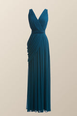 Turquoise Draped Flattering Long Party Dress
