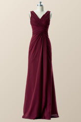 Pleated Burgundy Chiffon Long Bridesmaid Dress