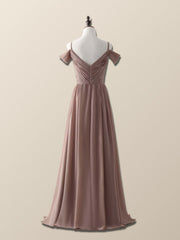 Straps Champagne Pleated Chiffon Long Bridesmaid Dress