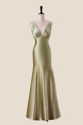 Plunge Neck Moss Green Mermaid Long Dress