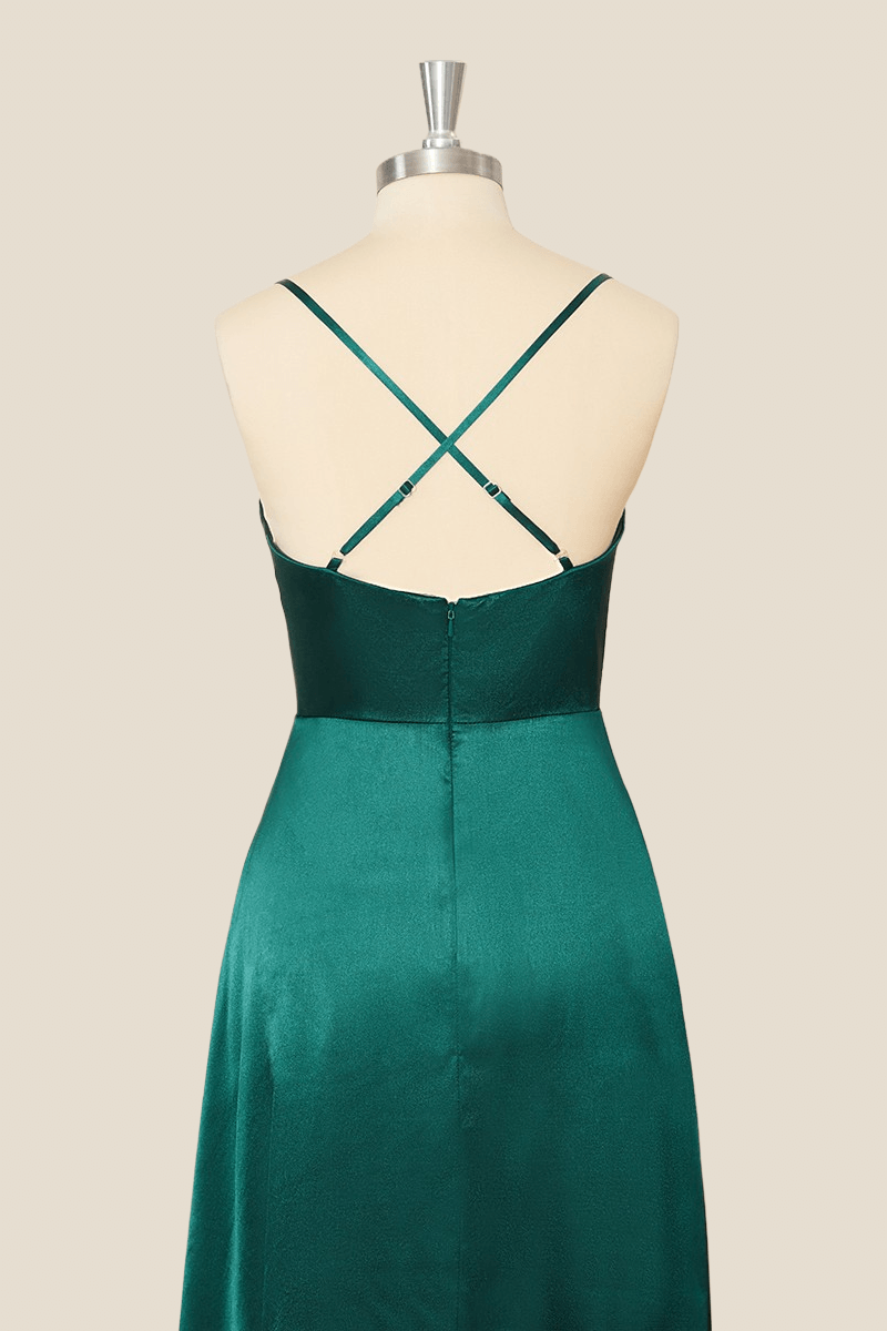 Straps Cowl Neck Green A-line Long Dress