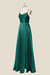 Straps Cowl Neck Green A-line Long Dress
