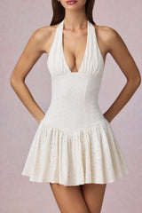 Modal Broderie Anglaise Halterneck Mini Dress in White