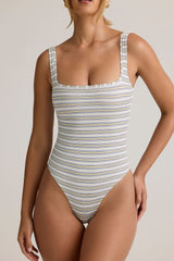 Modal Square-Neck Bodysuit in Blue Yellow Stripe