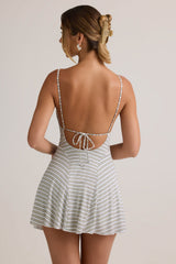 Modal Ribbed Tie-Back A-Line Mini Dress in Blue Yellow Stripe