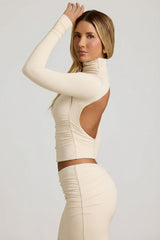 Modal Ruched Backless Turtleneck Top in Ivory
