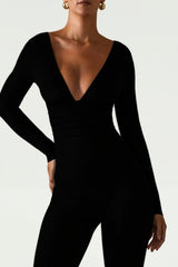 Modal Ruched Plunge Flared Jumpsuit in Black