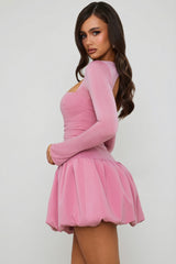 Long-Sleeve Bubble Hem Mini Dress in Mauve