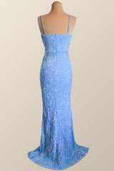 Straps Blue Sequin Ruched Faux Wrap Dress