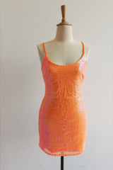 Straps Orange Sequin Tight Mini Dress