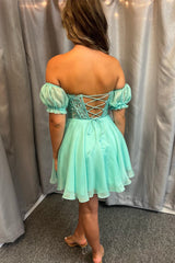 Sweetheart Blue Lace and Chiffon Short Dress