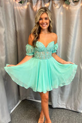 Sweetheart Blue Lace and Chiffon Short Dress