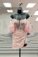 Straps Pink Lace Appliques Tight Mini Dress