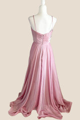 Pleated Pink V Neck Satin Long Party Dress