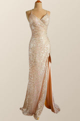Straps Champagne Sequin Mermaid Long Dress with Slit